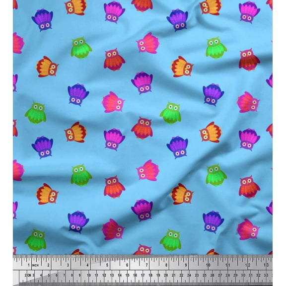 Soimoi Poly Georgette Fabric Colorful Owls Cartoon Print Sewing Fabric Yard 42 Inch Wide