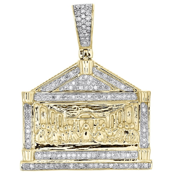 10K Yellow Gold Men's Round Diamond Charm Jesus Last Supper Pave Pendant 0.37 Ct