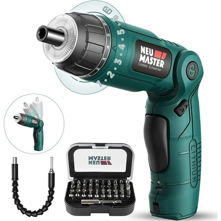 NEU MASTER 4V Cordless Electric Screwdriver, 6 1 Torque, 32pc Bits, Pivoting Handle & Dual LED Lights , Rechargeable 2000mAh Battery for Home DIY & Professional Use