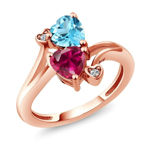 Gem Stone King 18K Rose Gold Plated Silver Swiss Blue Topaz Red Created Ruby and White Moissanite Ring for Women (1.94 Cttw, Heart Shape 6MM, Gemstone November Birthstone, Size 7)