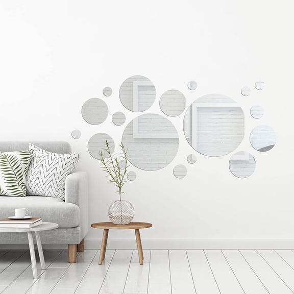 Manss Mirror Wall Stickers,32 Pcs Round Wall Decal Mirror Set for Bedroom Bathroom Craft,Silver,6 Sizes
