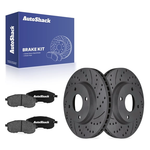 AutoShack Front Vented Drilled & Slotted Coated Brake Rotors Black Matte Finish   Ceramic Pads 6-PC Brake Kit Replacement for 2007-2012 Nissan Versa 2011-2014 Nissan Cube BlackShield 11.02" (280 mm)
