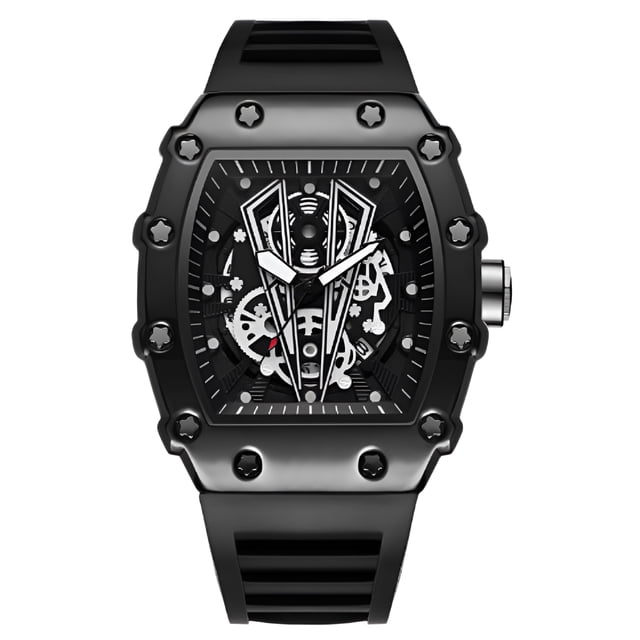 Reloj de Cuarzo Tonneau Esqueleto para Hombre, Correa de Silicona Impermeable, Caja de Aleación Negra