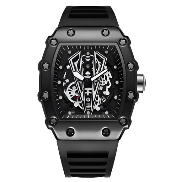 Reloj de Cuarzo Tonneau Esqueleto para Hombre, Correa de Silicona Impermeable, Caja de Aleación Negra