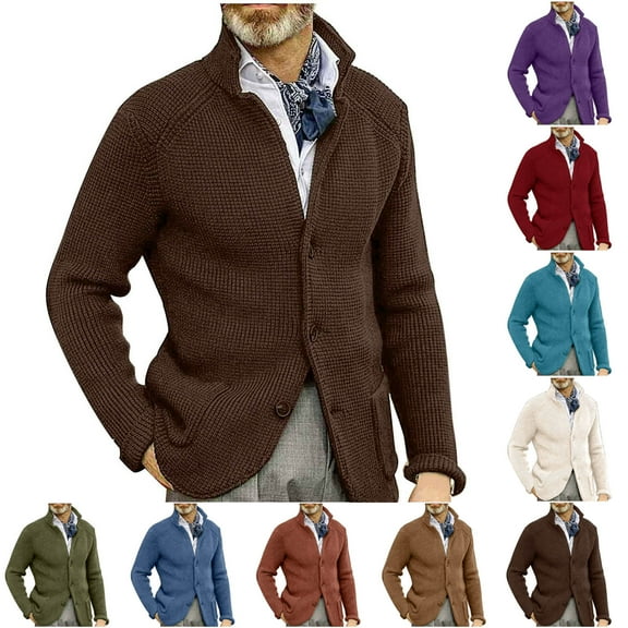 YHAJDS Men's Winter Casual Coat,Men Cardigan Jacket Sweater Coat for Men Men Winter Coats Solid Color Long Sleeve Lapel Cardigan Sweater with Button Pockets Fashion Knit Outerwear for Men
