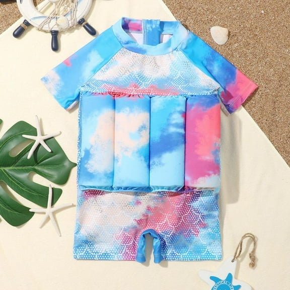 GYRATEDREAM Baby Toddler Boys Float Suit One Piece Rashguard Cartoon Short Sleeve Zip up Buoyancy Swimsuit 2-9T