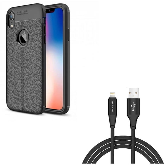 10ft USB Cable w Case for iPhone XR - Charger Cord Power Wire Braided Long, PU Leather Slim Fit Cover Reinforced Bumper Shock Absorbent Compatible With iPhone XR