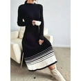 thumbnail image 5 of Women'S Color Block Striped Hem Long Sleeve Sweater Dress Pleated A-Line Swing Ribbed Knit Long Dress Black S, 5 of 8