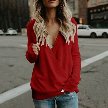 MKLEKYY Chandails pour Femmes Automne 2024 Col en V Profond Chandails à Manches Longues devant Pull Tricoté Ample Automne Hiver Hauts