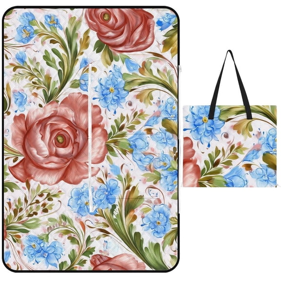 Floral Rose Pattern Painted Design Elegant Picnic Blanket Waterproof Outdoor Beach Blanket Hand-held Pad Suitable for Travel, Camping, Beach, Family Gatherings