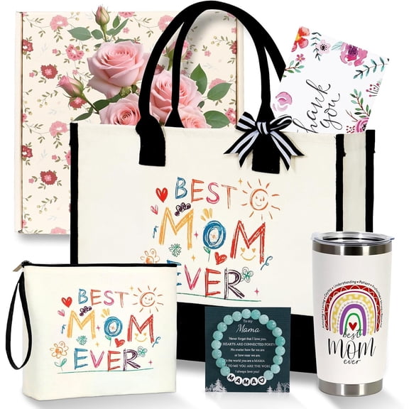 Mom Birthday Set for Women First Day Baskets, Mama Gifts Ideas from Daughter Son Mom Christmas Valentines Day Thank You Gifts Tote Bag Insulated Tumbler