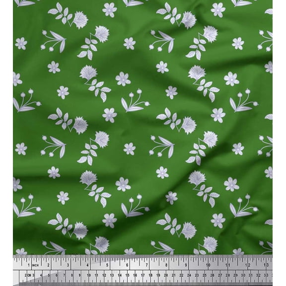 Soimoi Green Silk Fabric Leaves & Madhabilata Floral Print Fabric by the Yard 42 Inch Wide