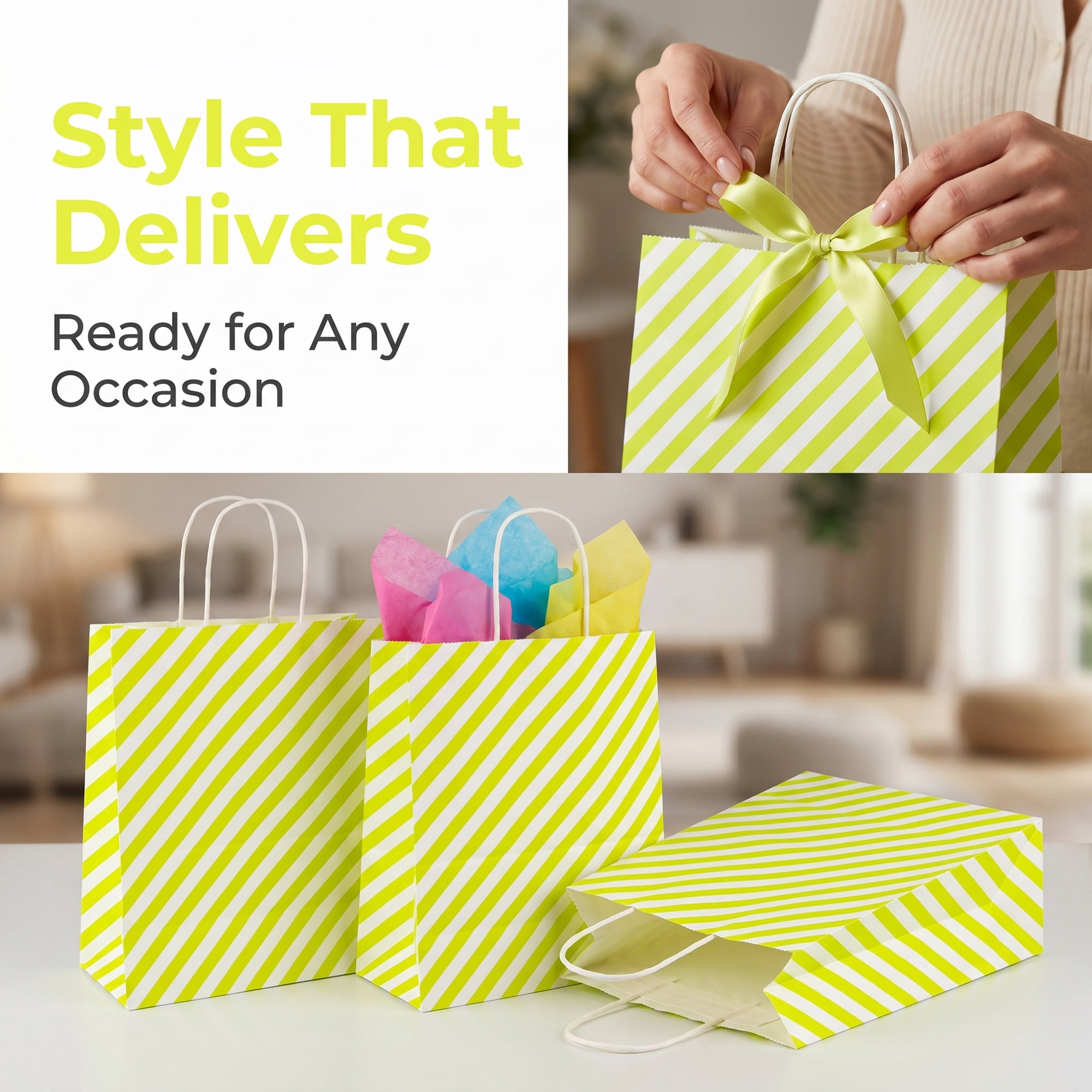 Unique Bargains 6Pcs Diagonal-stripe Gift Bag with Handles Green 6.3" x 3.1" x 8.7"