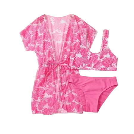

TAIAOJING Girls Swimsuit Three Piece Toddler Green Pink Floral Prints Bikini Briefs Bikini Beach Swimwear Set Girl s Bathing Suit 7-8 Years