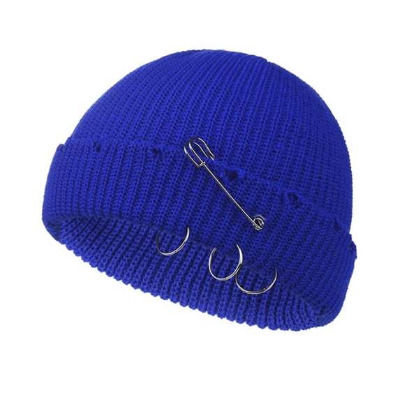 Distressed Ring Beanie Hat Unisex Fashion Hip-hop Slouchy Knitted Skull Caps Royal Blue