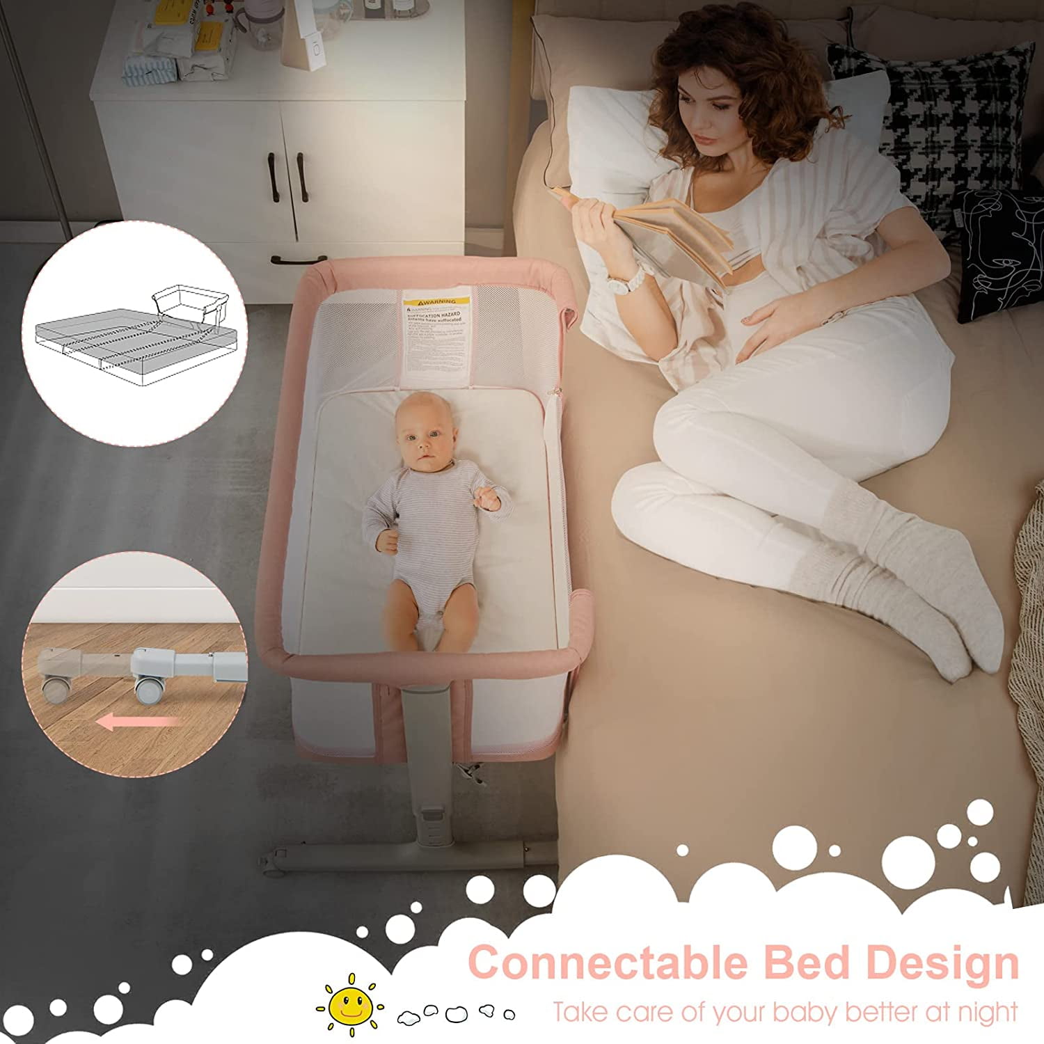 INFANS 3 in 1 Baby Bassinet Bedside Sleeper for Newborn, Folding Crib with Mattress, Travel Bag, Wheels, 4-Sided Mesh, Cradle Co Sleeper Stationary, Rock