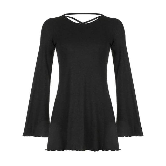 Gibobby Vestidos de sueter elegantes Vestido de encaje sin espalda de color liso para mujer con cintura de manga trompeta con borde de oreja de(Negro,CH)