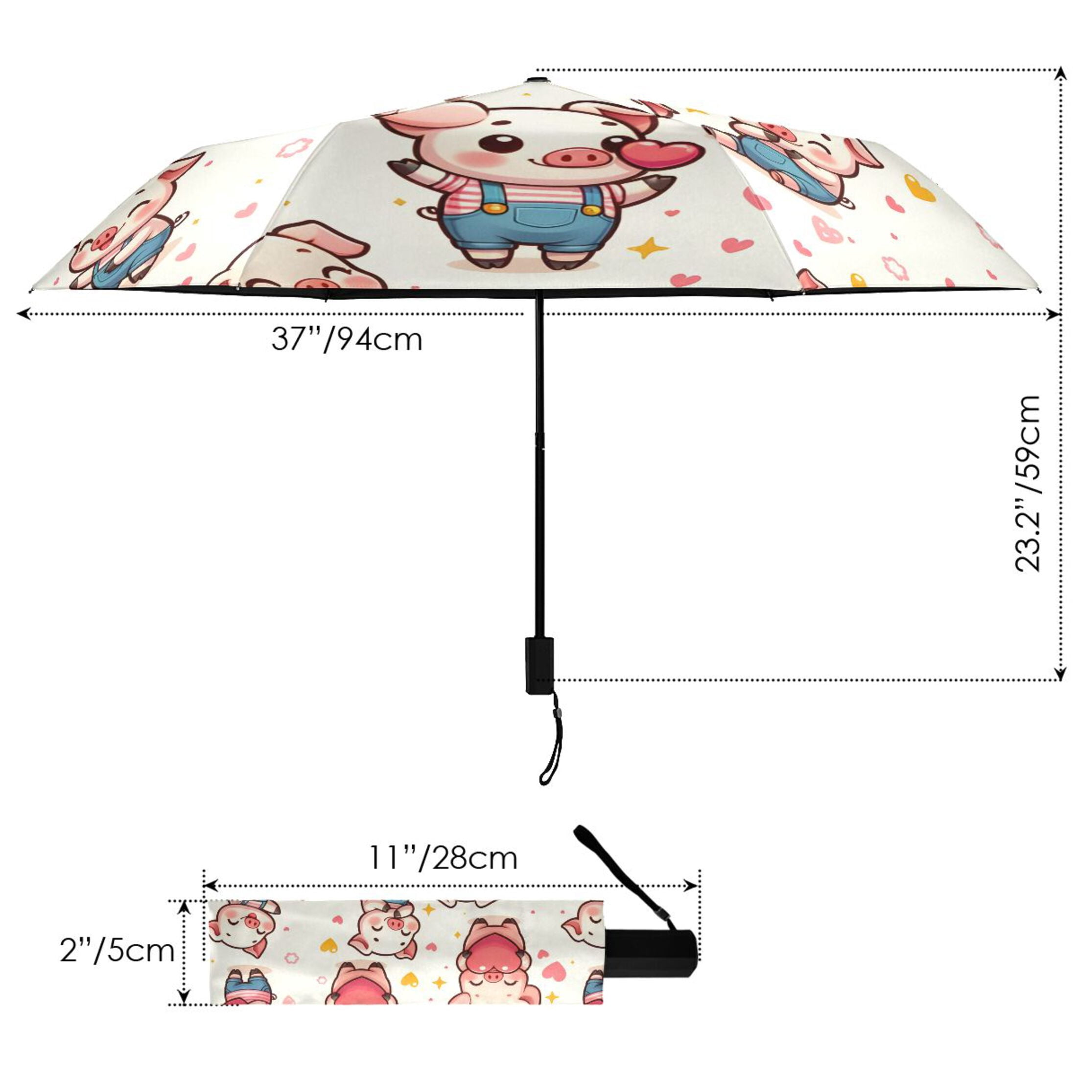 Cute Pig with Heart Compact Sun Umbrella Windproof Travel Umbrellas for Rain Strong Portable UV Protection