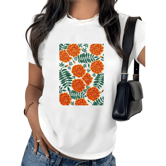UNISHE Women's Mexican Marigold T-Shirt Orange Floral Dia De Los Muertos Short Sleeve Crewneck Top S-5XL