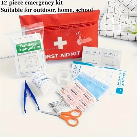 Mini Portable First Aid Kit，Portable Red First Aid Kit with Professional Scissors and Tweezers, Outdoor Emergency Survival Kit Equipped with Bandages Gauze Essential Medical Supplies, Ideal for Camp