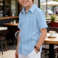 thumbnail image 6 of HAOTAGS Boys Button-Up Shirts, Solid Cotton-Linen Lace Trim Short-Sleeve Turn-Down Collar Casual Tops Blue Size 10, 6 of 9