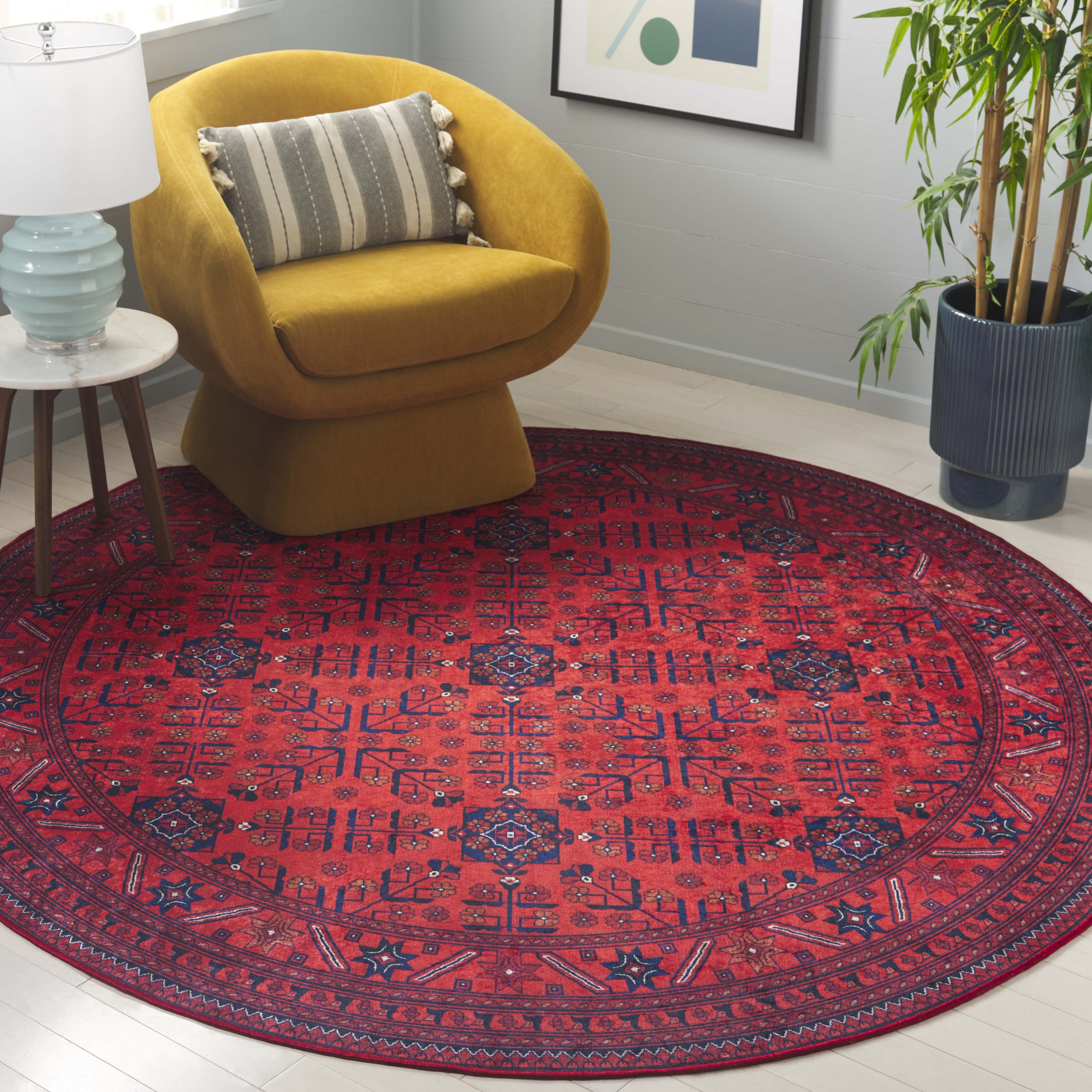 SAFAVIEH Orlando Martina Geometric Machine Washable Area Rug, Red/Black, 5'5" x 5'5" Round