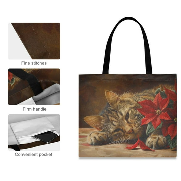 Canvas Tote Bag for Women Girls Design Print Cozy Cat with Florals Tote