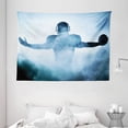 thumbnail image 1 of Sport Tapestry, Heroic Shaped Rugby Player Silhouette Shadow Standing in Fog Playground Global Sports Photo, Wide Wall Hanging for Bedroom Living Room Dorm, 80" X 60", White Blue, by Ambesonne, 1 of 1