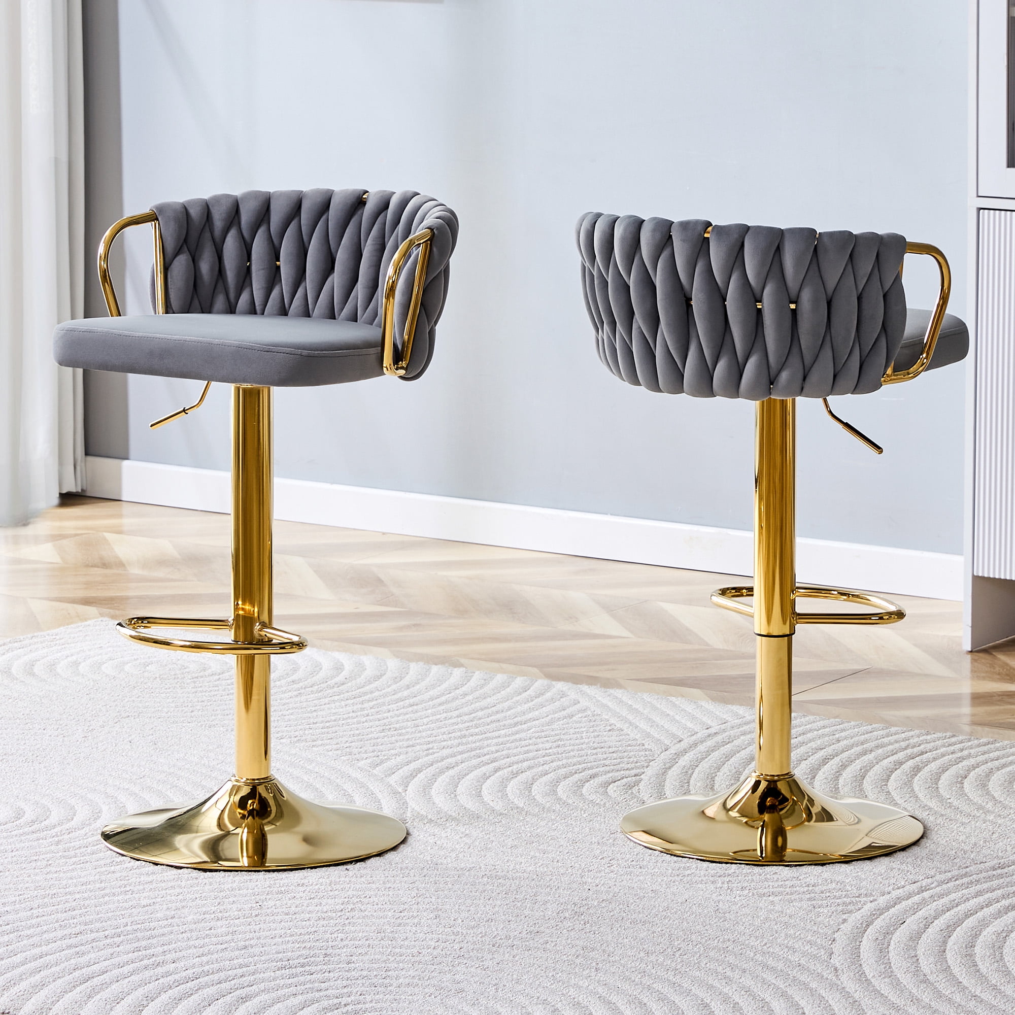Alvantor Adjustable Bar Stools Set of 2 Modern Velvet Braided Swivel Bar Stools Counter Height Bar Chairs for Kitchen Island Gray