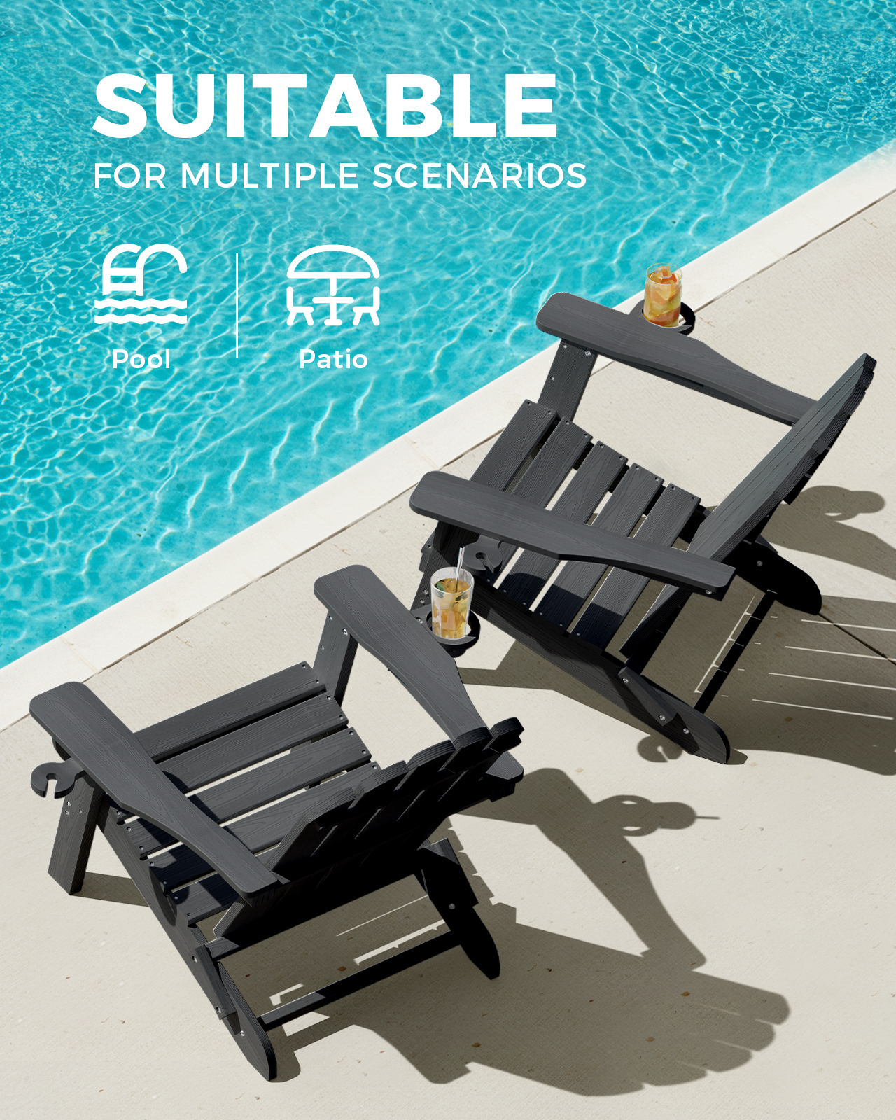 Folding Adirondack Chair, HDPE Patio Adirondack Chair with 2 Cup Holders, All-Weather Outdoor Chairs, Fire Pit Chairs for Patio, Garden, Poolside, Black