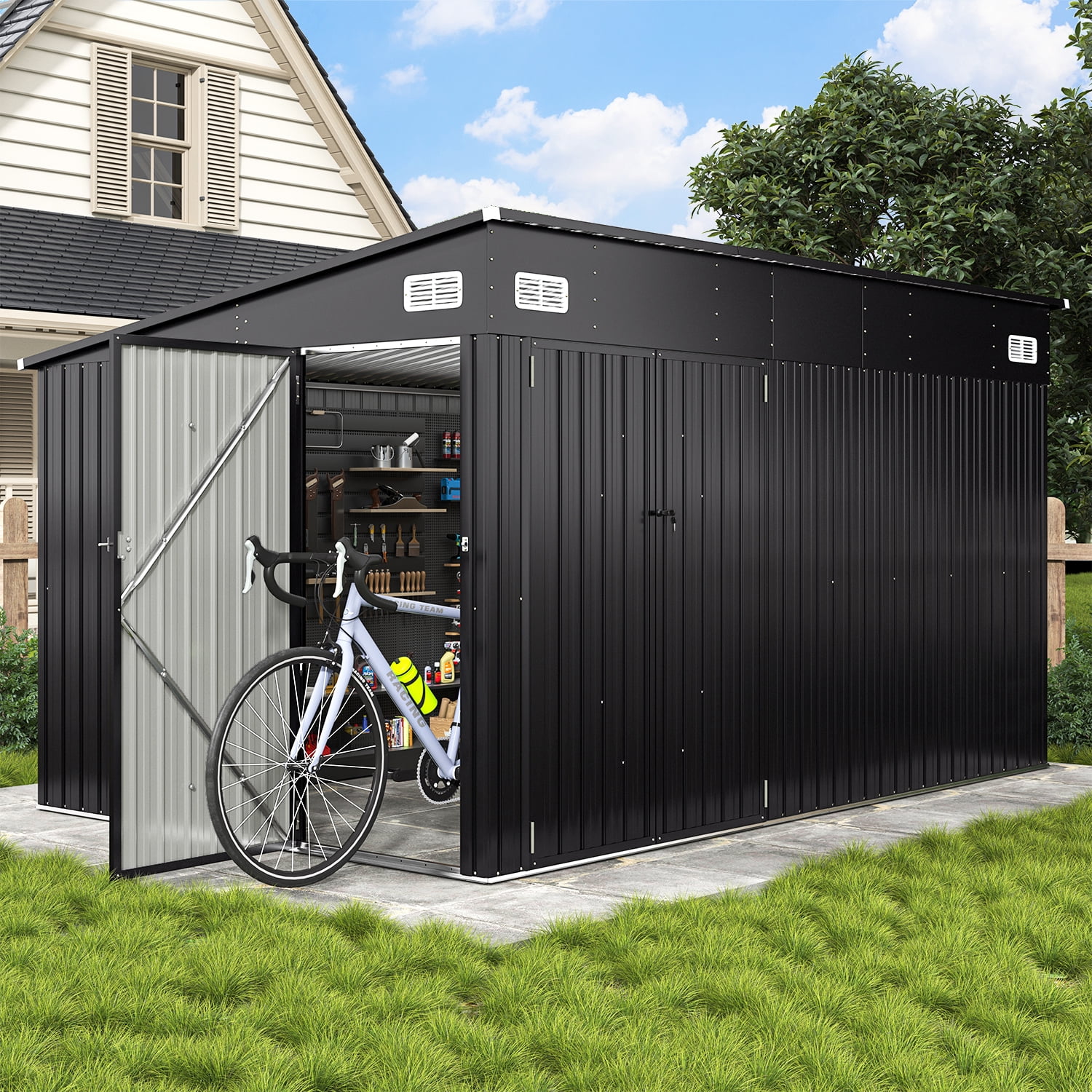 BaPiPro 12'x8' Lean-to Metal Storage Shed, Outdoor Lockable Shed with Triple Doors & Vents for Garden, Backyard, Patio - Black
