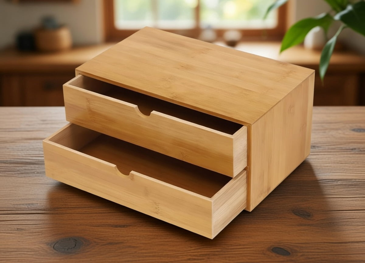 Bamboo Desktop Organizer with 2 Drawers - Natural Eco-Friendly Storage Box for Office Supplies, Makeup, Jewelry, Desk Accessories (33cm x 19cm x 16cm)