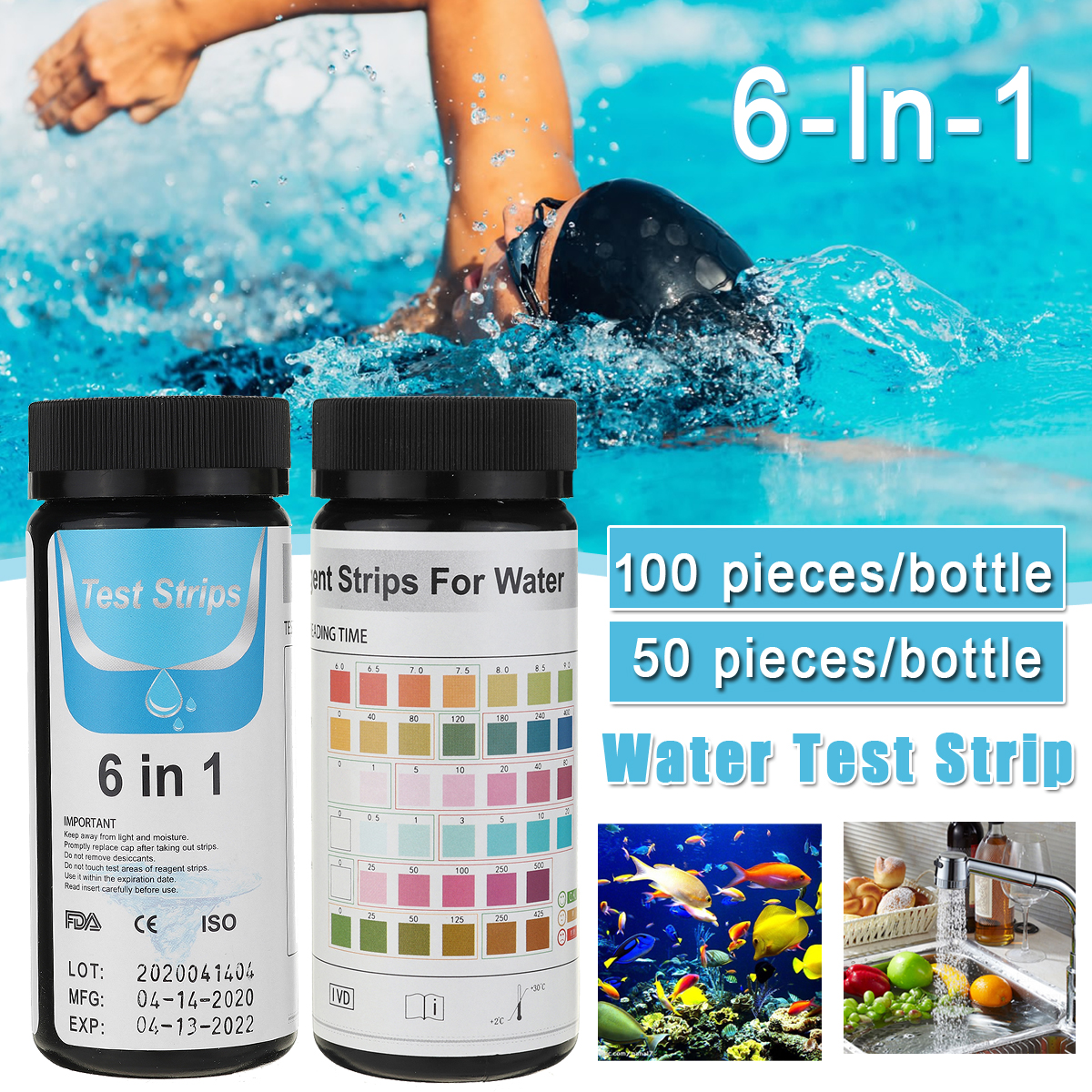 50/100 Pcs 6In1 Swimming Pool PH Test Strips Paper, Residual Chlorine