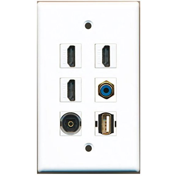 RiteAV - 3 HDMI 1 Port RCA Blue 1 Port USB A-A 1 Port Toslink Wall Plate