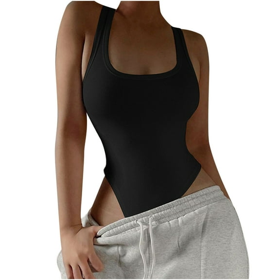 Arnsht Women's Fashion Solid Scoop Neck Sleeveless Slim Fit Ribbed Bodysuit Racerback Jumpsuits Tank Tops with Snap Closure Black S