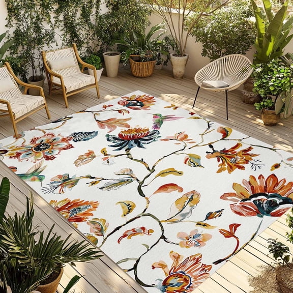 Spring Floral Outdoor Rug for Patio/Deck/Porch, Non-Slip Large Area Rug 5 x 7 Ft, Summer Botanical Flowers Vintage Birds Indoor Outdoor Rugs Washable Area Rugs, Reversible Camping Rug Carpet Runner