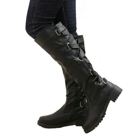 

Women Winter Warm Lining Boots PU Leather Knee High Lace-up Boots Shoes 36