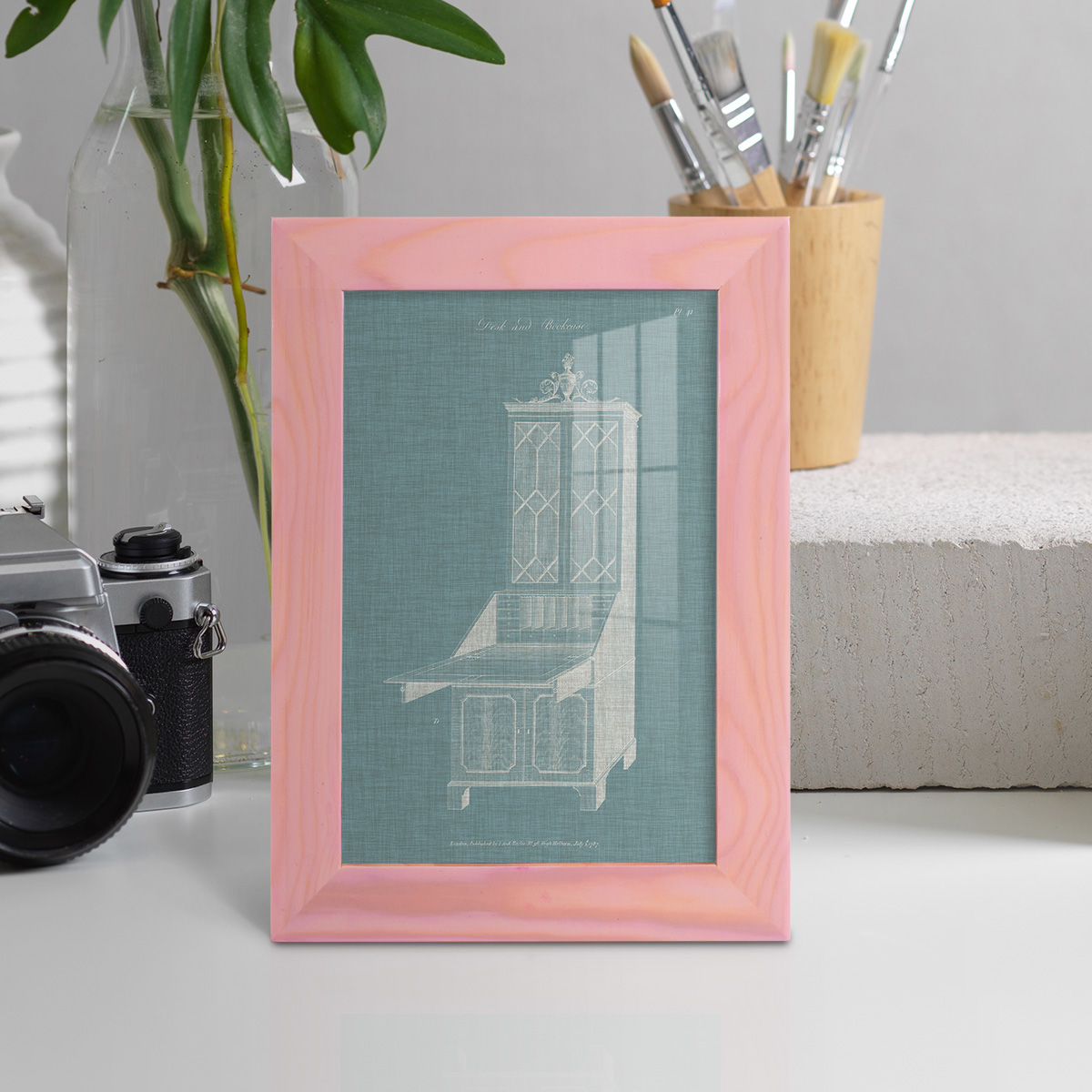 Hepplewhite Desk & Bookcase IV - Framed Print w/glass - Sunset Pink