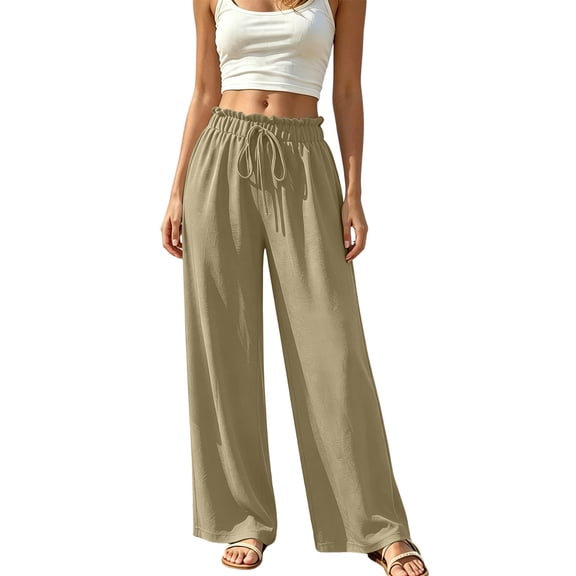 ZHYou No Boundarie Women's Wide Leg Pants Ruffle High Waist Drawstring Lightweight Flowy Loose Casual Full Length Trousers,Khaki,Size S