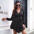 thumbnail image 4 of Vestido skater mini con escote en V profundo y manga larga con cinturón y cordones para mujer, negro, L, 4 of 6