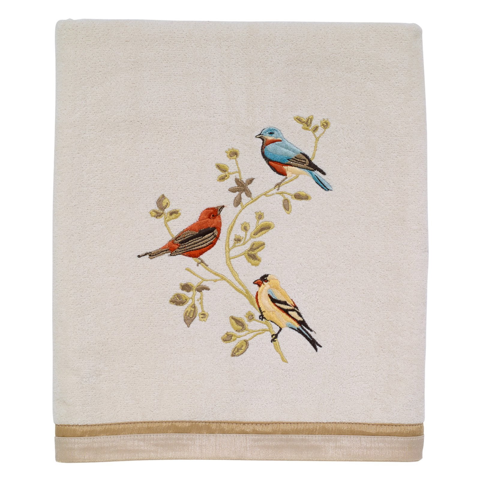 3 Piece Embroidered Spring Birds Ivory Bath Hand and Fingertip Towel 