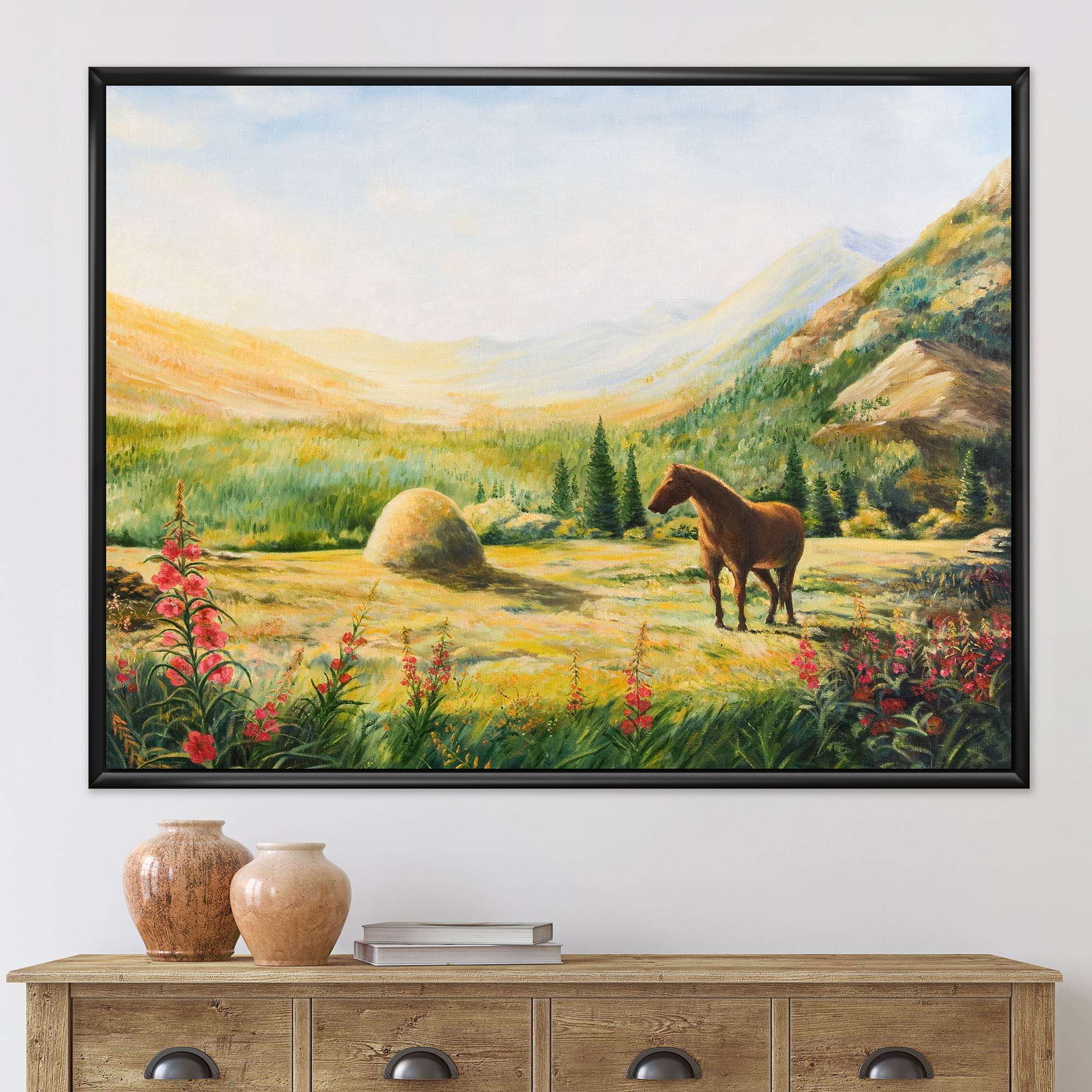 Designart 'Sunrise In The Mountains With Horse' Farmhouse Framed Canvas Wall Art Print