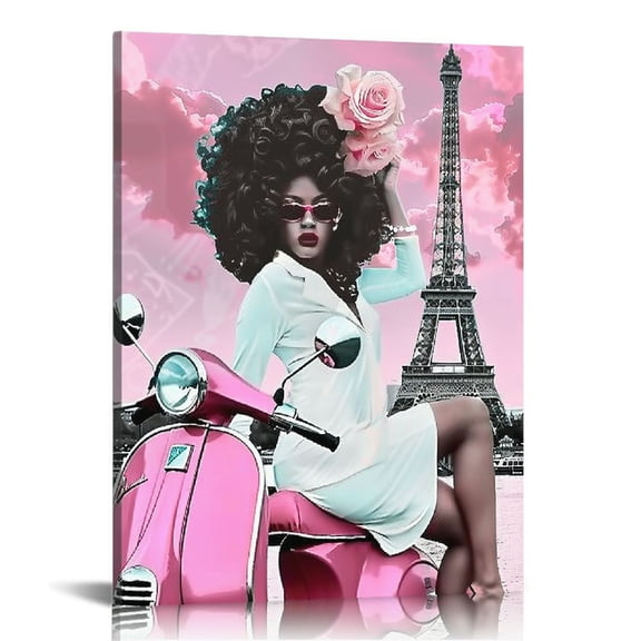 PRATYUS Framed African American Black Girl Canvas Wall Art Decor Women Pictures Prints Painting Pink and Black Beach Paris Eiffel Tower Abstract Living Room Bedroom Bathroom Room