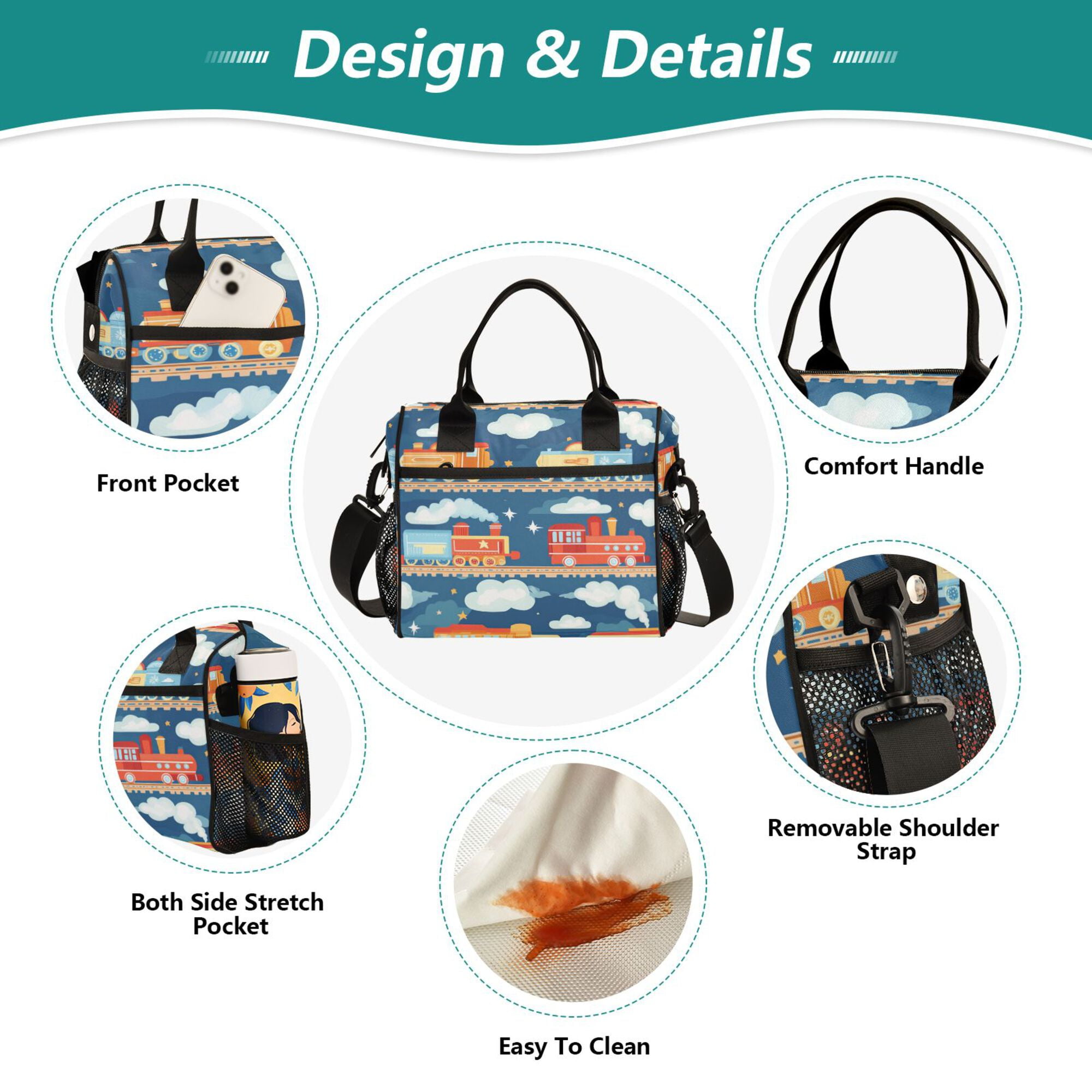 FORMRS Insulated Lunch Bag Unisex Large Capacity with Shoulder Strap, Blue Cute Train Pattern