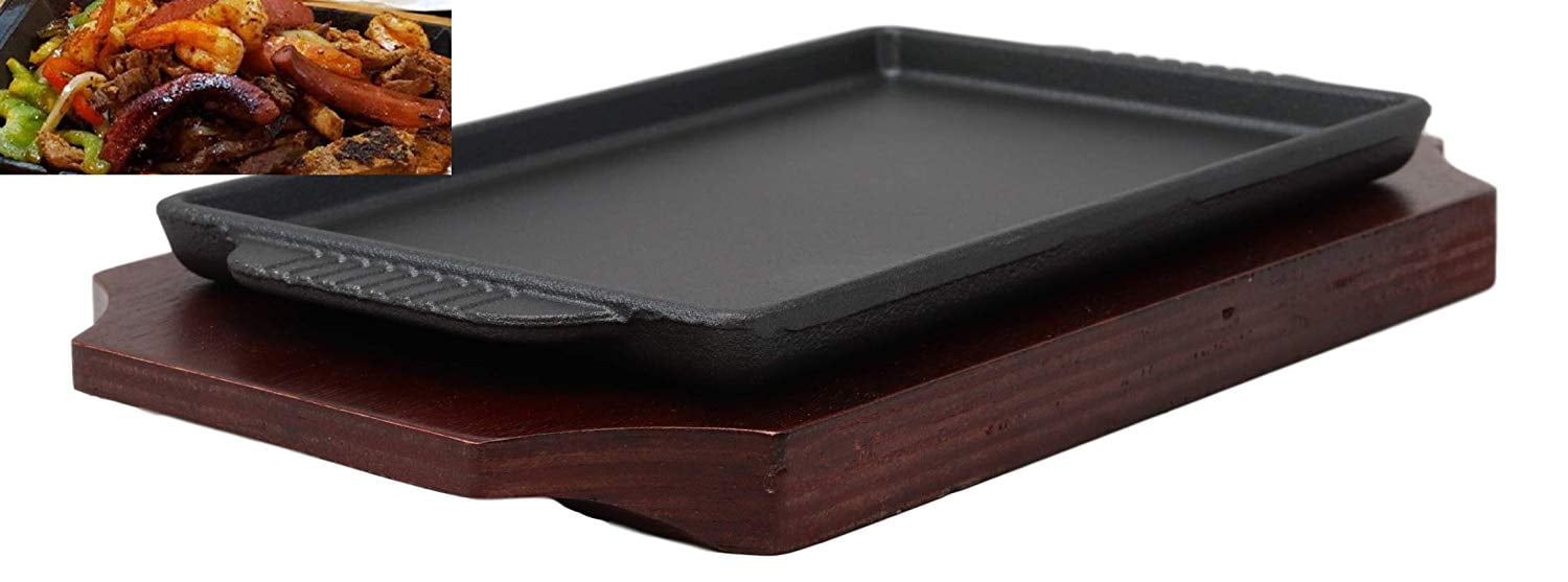 Lot45 Cast Iron Fajita Sizzling Pan - 10in Sizzling Plate with Wooden Base  