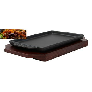 FMC Fuji Merchandise Cast Iron Steak Plate Sizzle Griddle with Wooden Base Steak Pan Grill Fajita Server Plate Restaurant or Home Use (7.5 x 4.75)