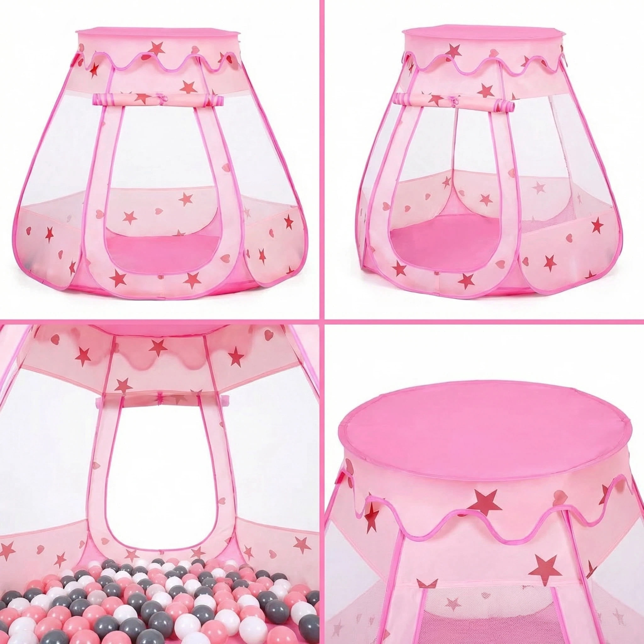 PigPigPen Princess Pop up Ball Pit for Toddlers with 50 Balls and Carry Bag, Pink/White/Gray
