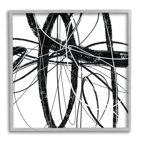 Distressed Black Fluid White Lines Abstract Pattern Abstract Framed Art Print Wall Art, 17x17