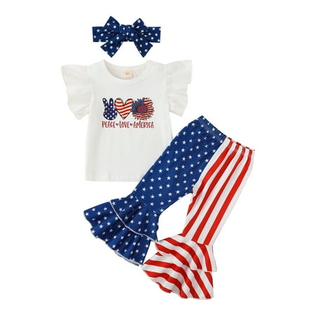 

Arvbitana 1-5 Years Toddler Baby Girl 4th of July Outfits Fly Sleeve Print T-shirt Stars Striped Flare Pants with Headband 2Pcs Set Independence Day