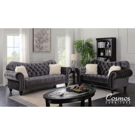 Gray Velvet Sofa Set 3Pcs Transitional Cosmos Furniture Gracie